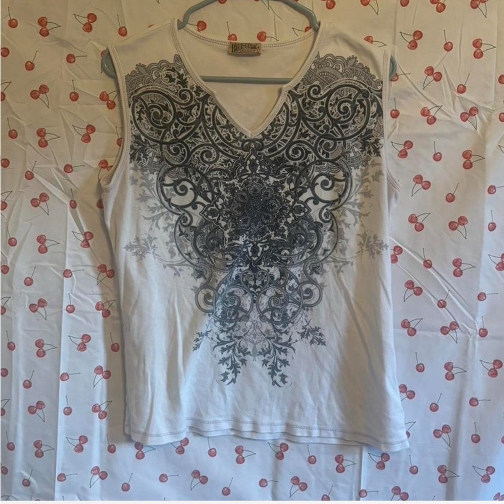 Affliction White Tank Top with Black and Gray Design